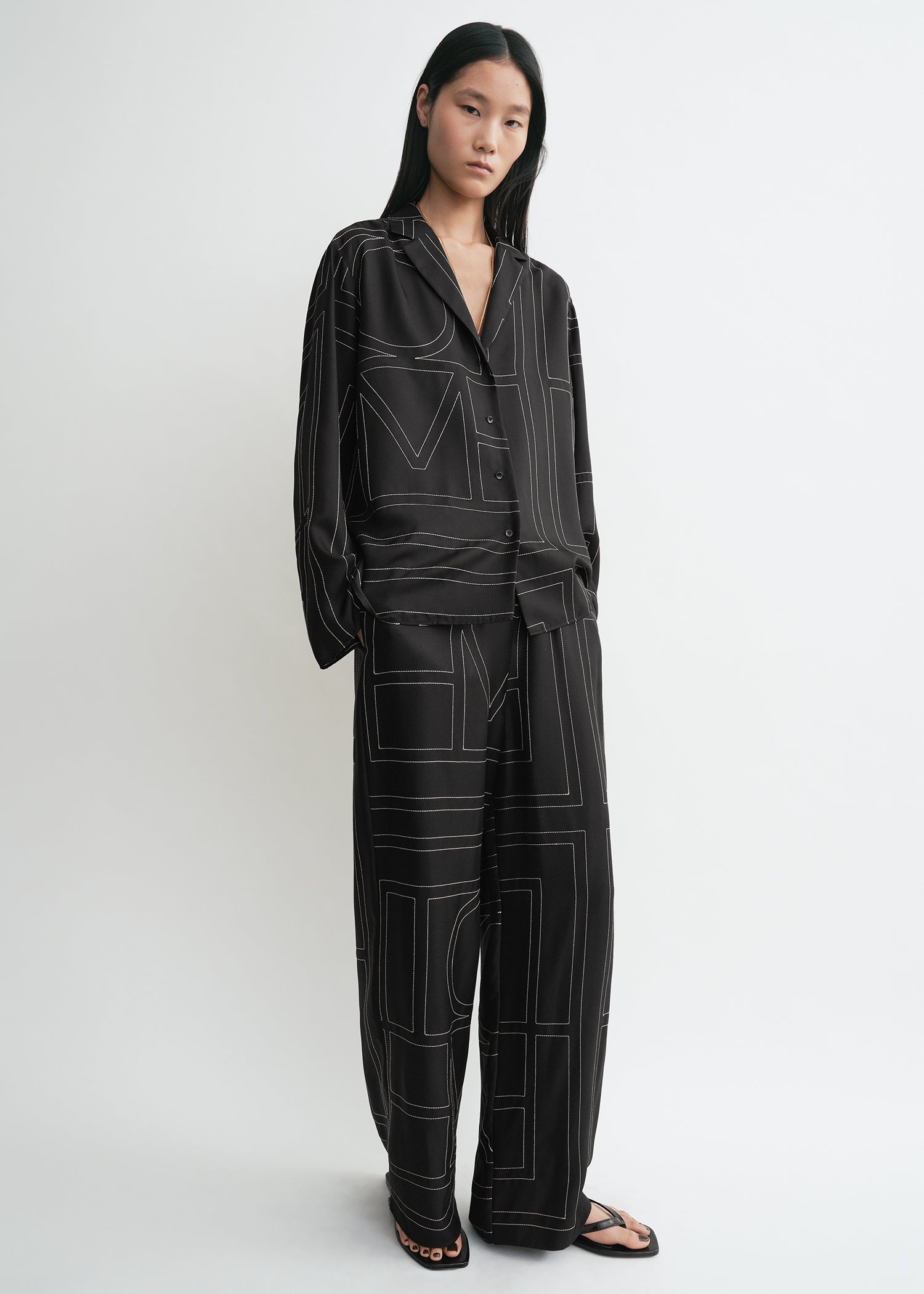 Monogram silk pj top black